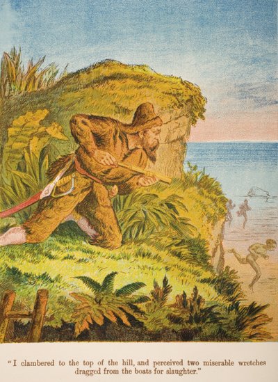 I Clambered to the Top of the Hill, and Perceived Two Miserable Wretches Dragged from the Boats for Slaughter, illustration from Robinson Crusoe by Daniel Defoe by English School